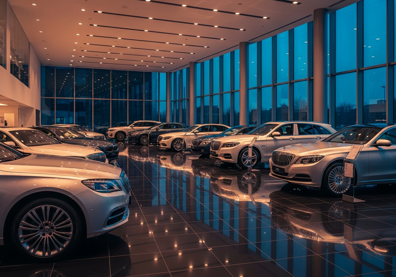 Gleaming auto dealership showroom with polished floors