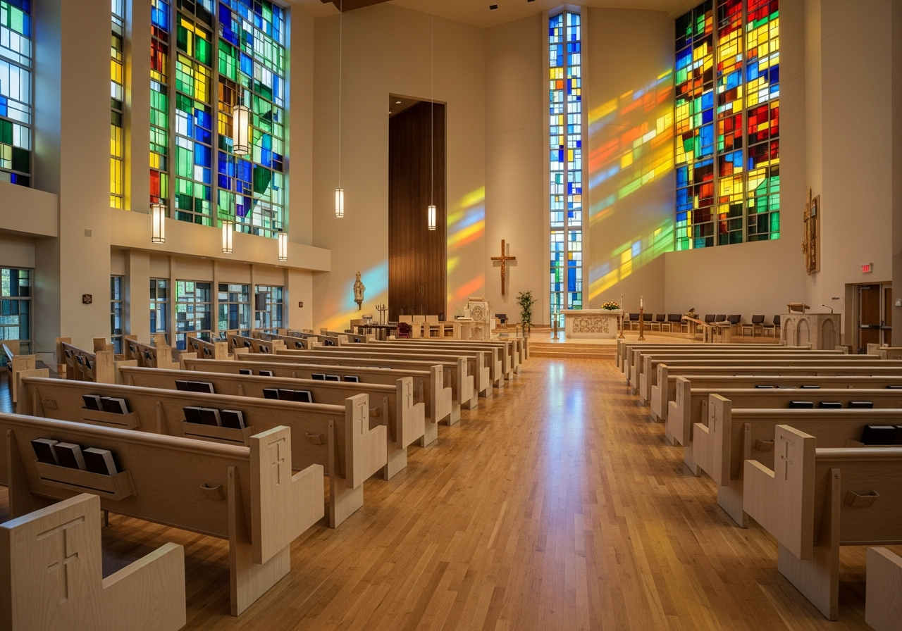 Beautiful church sanctuary with polished hardwood floors