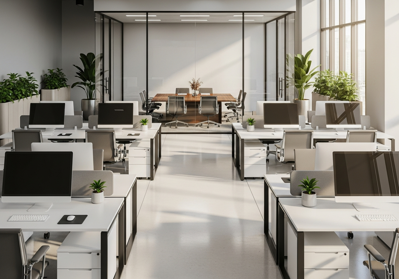 Pristine modern corporate office with polished floors