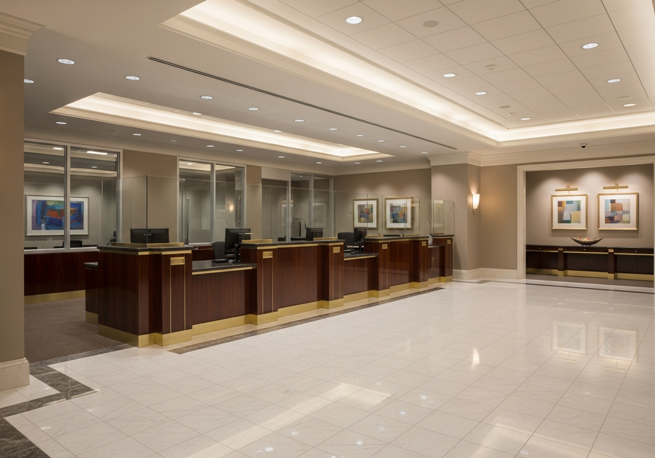 Elegant bank lobby with marble floors