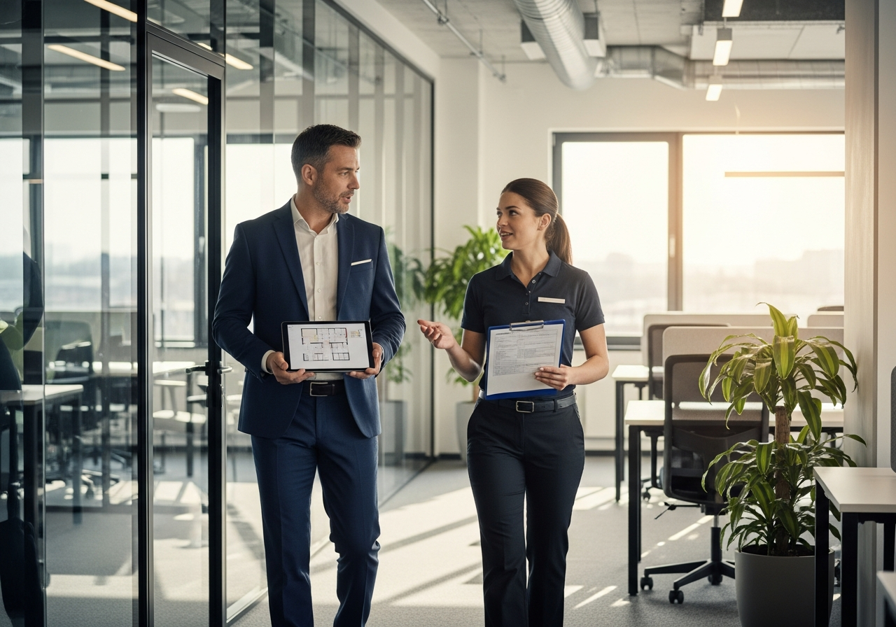 Facility manager and cleaning company representative walking through an office building