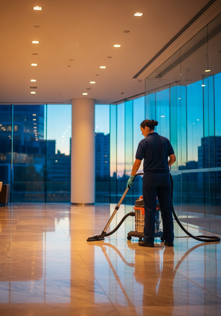 Professional cleaning crew member vacuuming a modern office lobby at dusk