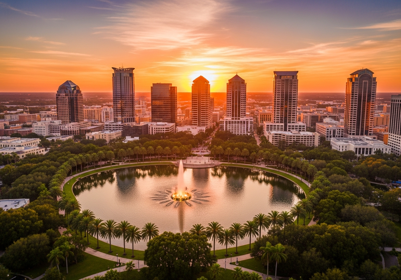 Orlando Florida skyline at golden hour with Lake Eola