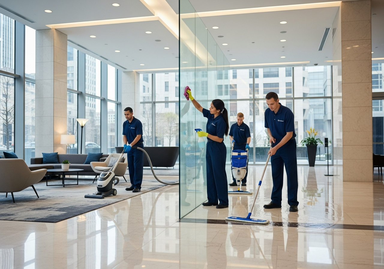 Professional cleaning team working together in a modern commercial building